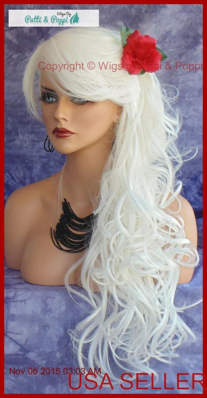 Long Curly Heat-Friendly Synthetic Wig #60 White - Adjustable Cap, Wavy Style