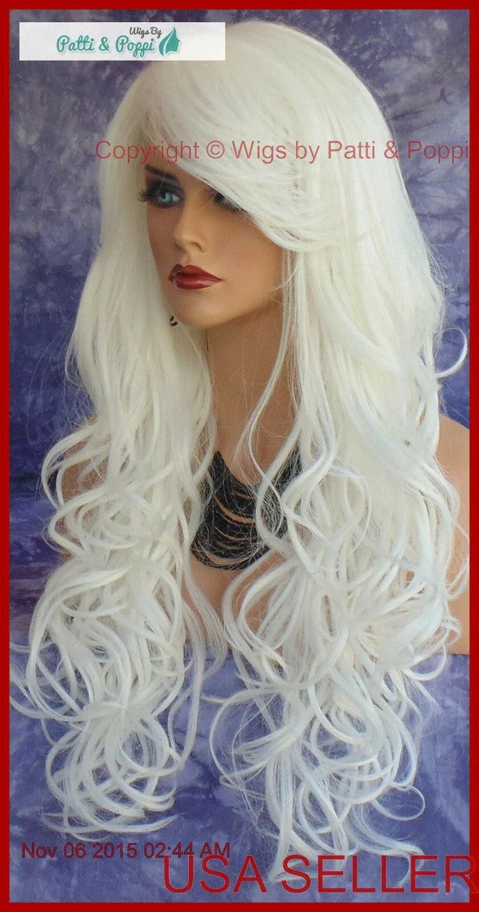 Long Curly Heat-Friendly Synthetic Wig #60 White - Adjustable Cap, Wavy Style
