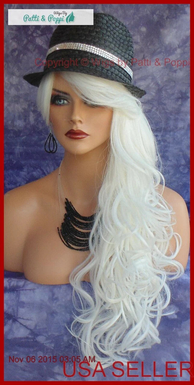 Long Curly Heat-Friendly Synthetic Wig #60 White - Adjustable Cap, Wavy Style