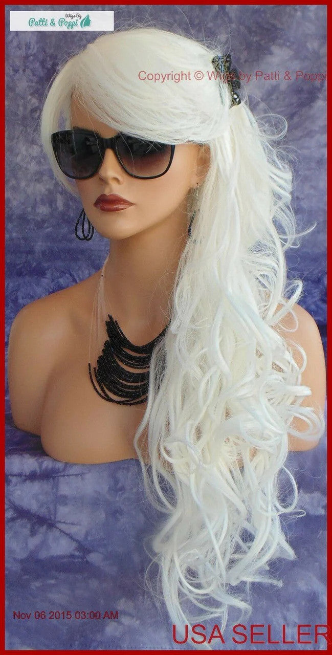 Long Curly Heat-Friendly Synthetic Wig #60 White - Adjustable Cap, Wavy Style