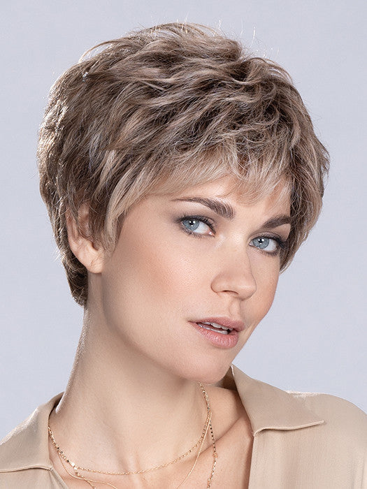 TIME COMFORT by ELLEN WILLE in DARK SAND ROOTED 12.20.9 | Lightest Brown with Light Strawberry Blonde and Medium Warm Brown Blend and Shaded Roots | Front View 1