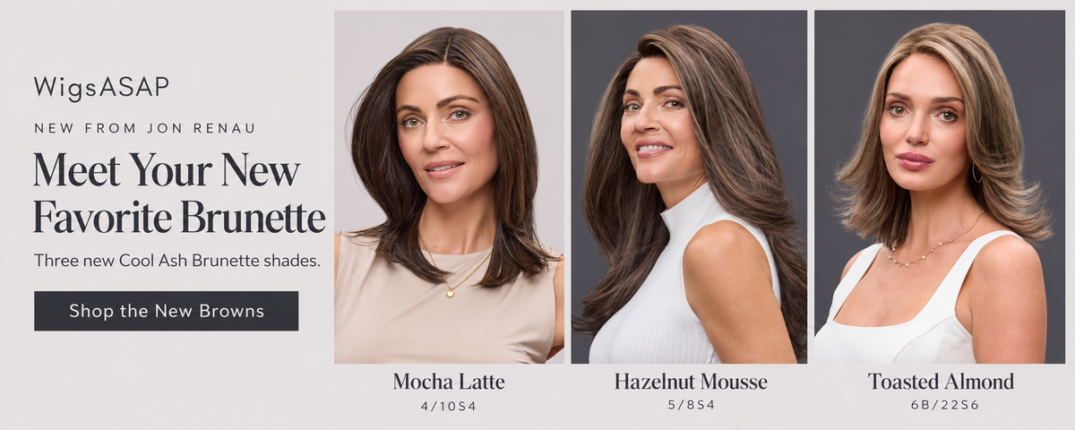 Jon Renau Cool Ash Brunettes — Mocha Latte 4/10S4, Hazelnut Mousse 5/8S4, Toasted Almond 6B/22S6 — banner preview